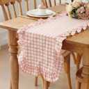 1 Pcs Light Pink Plaid Gingham Ruffle Table Runner 118 x 13.8'' Farmhouse Easter Table Runner 100% Cotton Scalloped Long Dresser Scarves for Dining Room, Wedding, Kitchen Rustic Home Decor