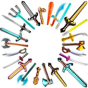 24 Pieces Inflatable Weapon Toys Blow Up Pixel Diamond Swords Axe Pickaxe Weapon Set for Kids Halloween Cosplay Pool Pixel Theme Party Favors