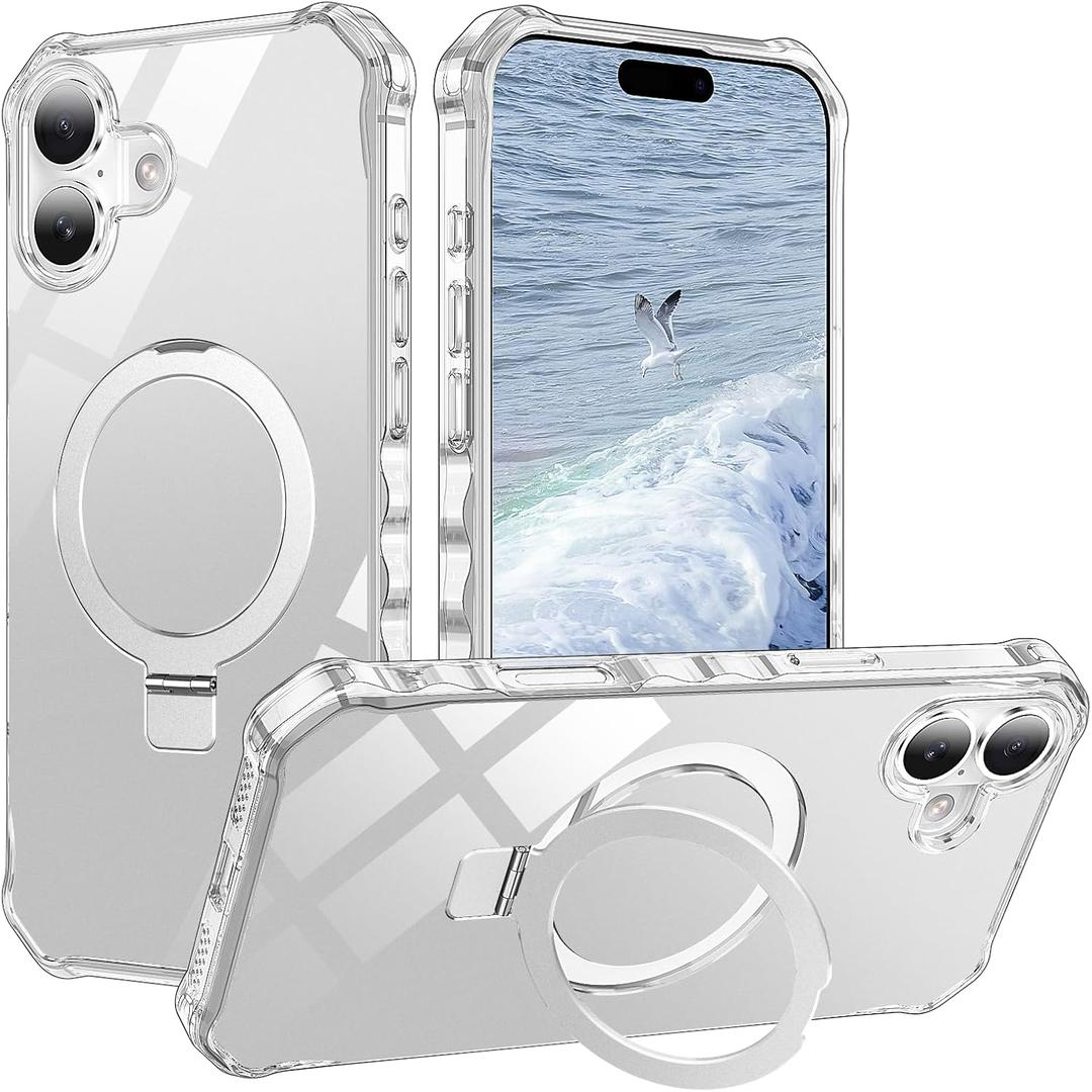 STERKER Compatible with iPhone 16 Plus case with Stand Magnetic Ring Holder [Compatible with MagSafe][Military-Grade Drop Protection] Slim Back Cover with Good Grip Curly Wave Edge, Clear