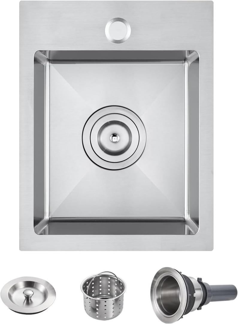 POPFLY 15×17 Inch Drop In Kitchen Sink, 6 Inches Deep Small Bar Sink