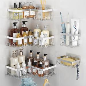 Liuoud Corner Shower Caddy 5 Pack, Rustproof Stainless Steel Shower Organizer with Soap Rack Toothbrush Holder, Large Capacity Adhesive No Drilling Bathroom Kitchen&Home Decor Set, Silver