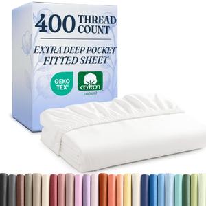 Extra Deep Queen 400 Thread Count Cotton Fitted Sheet - Hotel Luxury Single Fitted Sheet Only - Easily Fits 18" to 24" Mattress - Soft, Wrinkle Free, Breathable and Comfy - Extra Deep Pockets - White