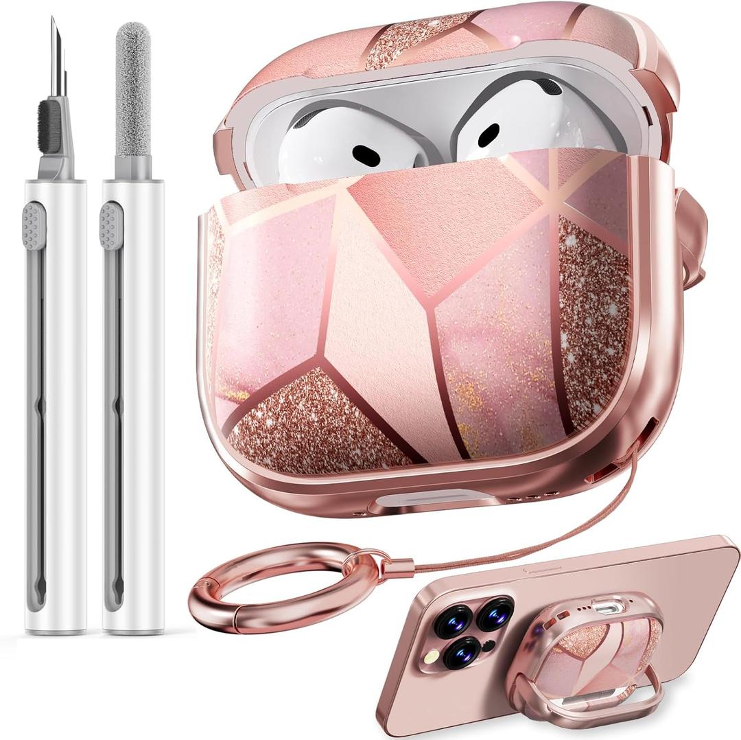 Inesore with Safety Lock for AirPods 4 Case Cover 2024, Floral Cute AirPod 4th Generation Case for Women Girly with Cleaner Kit and Keychain- Pink Gold Marble