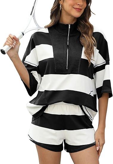 Women's Striped 2 Piece Outfits Oversized Lounge Set Summer Workout Sets Top and Shorts with Pockets (Medium, Lakeblue)