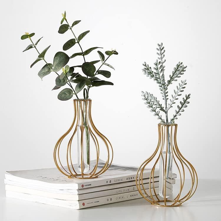 2 Pcs Gold Metal Flower Vases, Small Desk Decor for Floral Arrangements, Geometric Glass Test Tube Vases - Elegant and Modern Design for Home, Wedding, and Office Centerpieces