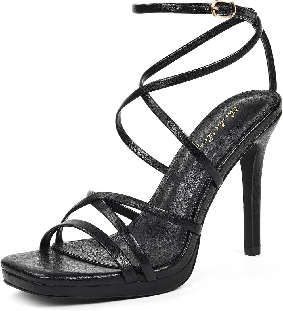 Elisabet Tang Women's Heeled Sandals Square Toe Shoes Stiletto Heels Open Toe 4IN Platform High Heels Sexy Party Wedding Shoes (7.5, Black)
