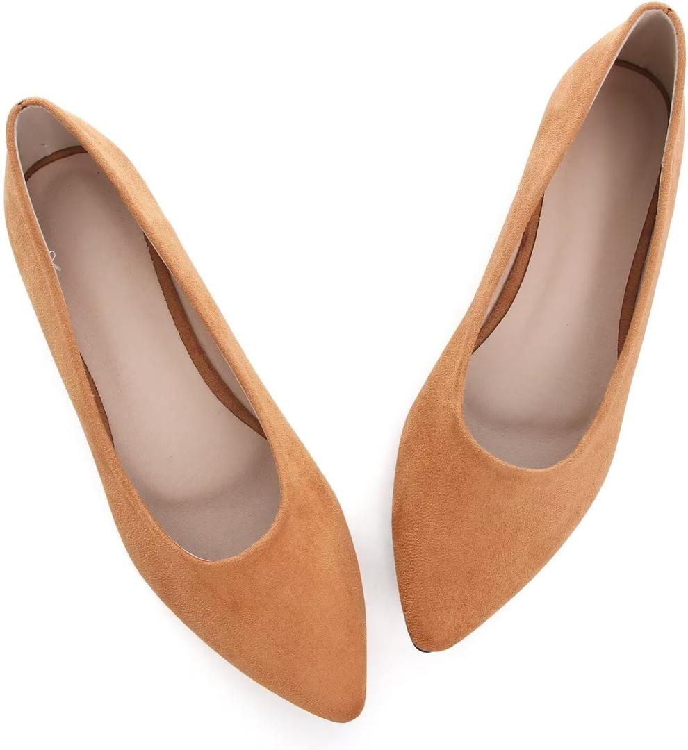 LUXINYU Cute Slip-On Flat Ballet Shoes Soft Suede Solid Classic Pointed Toe Flats Comfortable Dress Shoes (8, Khaki)