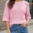 Saodimallsu Womens Short Sleeve Sweaters Crochet Knit Casual Crew Neck Lightweight Summer Trendy Sweater Tops (Pink)