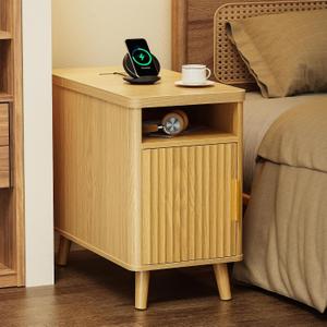 Huuger Narrow End Table with Charging Station, USB-C Port, Fluted Nightstand with Storage Cabinet, Back Rack, Side Table for Small Spaces, 13.4 23.6 Inch Night Stand with Storage, Natural