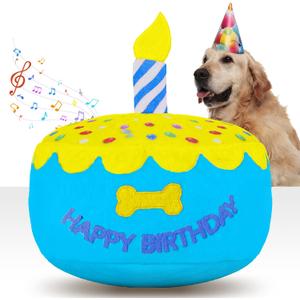 Dog Birthday Cake Toy 5.9", Larger Plush Dog Gift with Electronic Music Box, Plays Happy Birthday Song & Puppy Bark Melody, Party Decoration for All Breeds Dogs, Blue