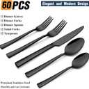 Wildone 60-Piece Black Silverware Set, Stainless Steel Flatware Square Cutlery Set Service for 12, Eating Utensils Include Knife Fork Spoon, Mirror Polished & Dishwasher Safe