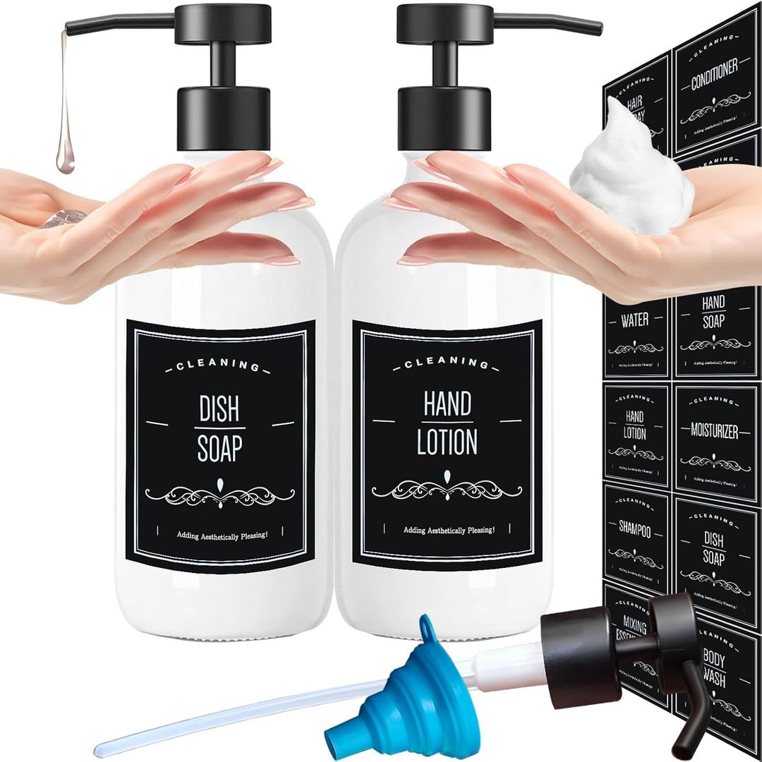 Glass Foam Soap Dispenser and Plastic Liquid Soap Dispenser Designed for Kitchen and Bathroom, Includes One Extra Pump, 12 Waterproof Tabs Funnel (White+White)