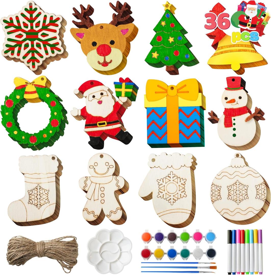 JOYIN 36 Pcs Christmas Wooden Hanging Ornaments Craft Kits, Unfinished Blank Wood Ornaments to Paint for Kids, Arts & Crafts Bulk, DIY Decorations Coloring Making Set for School Activities(Age 8+)