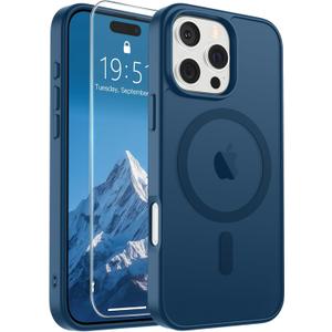 SUPFINE Magnetic for iPhone 16 Pro Max Case with Screen Protector (Compatible with MagSafe) (Military Grade Drop Protection) Translucent Matte Shockproof with Anti-Fingerprint Phone Case,Deep Blue