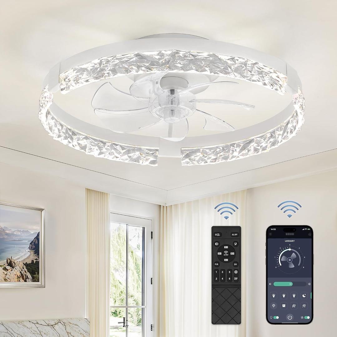 LEDIARY 20 Inch Low Profile Ceiling Fans with Lights and Remote, Fandelier Ceiling Fan Flush Mount, 3000K-6000K Dimmable LED Fan Light, White Modern Ceiling Fans with Lights for Bedroom