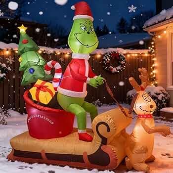 8FT Christmas Inflatable Outdoor Decorations Grinch Inflatable with Giant Gift Sack, LED Blow Up Christmas Yard Decor Outdoor Holiday Stealing Gifts Decoration for Lawn, Garden & Porch