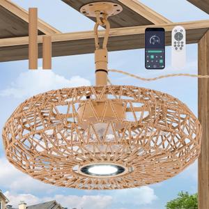 20'' Outdoor Gazebo Fan with Light, Outside/Indoor Hanging Rattan Ceiling Fan with Remote&APP Control, 3CCT Dimmable, 6-Speed DC Motor, Plug-in Wicker Woven Caged Ceiling Fans for Pergola Patio