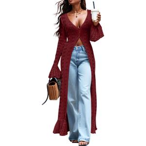 Cardigan Sweaters for Women Trendy Lightweight Crochet Long Duster Button Up Bell Long Sleeve Ruffle Knit Maxi Dress (Red, S)