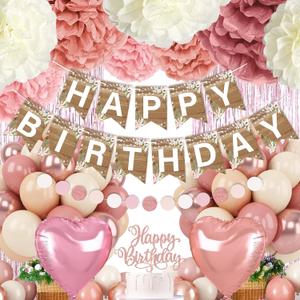Dusty Rose Birthday Decorations for Women, Happy Birthday Banner Retro Blush Pink Gold Balloons Set with Tissue Paper Flower Foil Fringe Curtain for Neutral Rustic Birthday Party Dcor