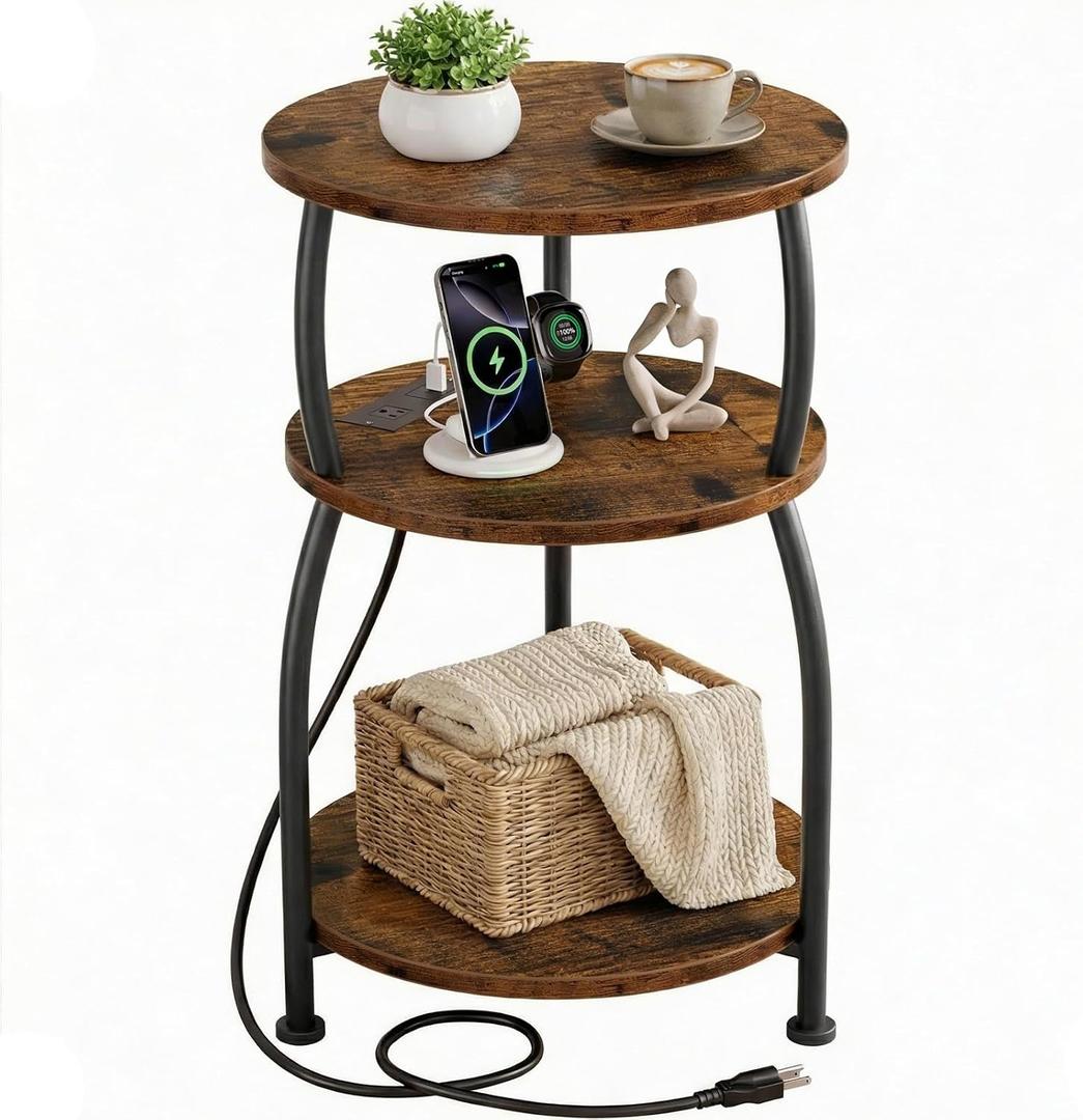 Round Side Table with Power Outlet, USB Type C Port, 3-Tier End Table | 15.7 in Nightstand for Small Spaces, Tall Side Table with Charging Station for Sofa Couch, Living Room Bedroom, Garden, Brown, 15.7''Dia with Power Strip