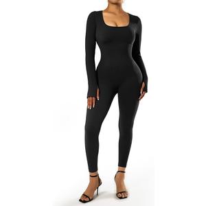 SUUKSESS Women Ribbed Stretchy One Piece Jumpsuits Yoga Long Sleeve Workout Jumpsuits (Black,L)