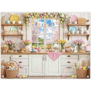 8x6ft Easter Kitchen Backdrop Spring Window View Colorful Eggs Flowers Tuilp Dessert Photography Background Family Festival Party Decorations Photo Booth Banner