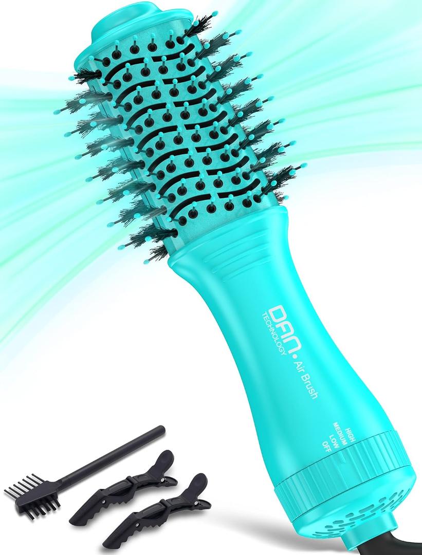 Mini Travel Ceramic Blow Dryer Brush for Short to Medium Hair, 2 Inch Oval Styling Hot Air Brush with 3 Heat Settings, Lightweight Volumizing & Smoothing Tool, 120V, Cyan