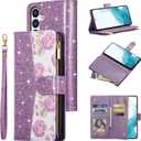 UEEBAI Wallet Case for Samsung Galaxy A15 4G/5G, PU Leather Case Magnetic Closure Handbag Zipper Pocket Case Kickstand Card Slots with Hand Strap Rose Flip Case for Women - Bling Purple
