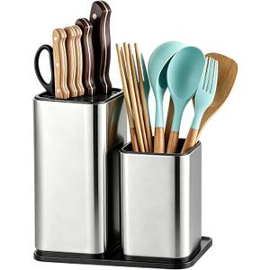 Universal Knife Block, 3-in-1 Stainless Steel Knife Holder and Utensil Holder, Extra Stable Non-Slip Base Kitchen Organizer for Countertop Storage, Space Saving Caddy for Knives, Spoons, Fork