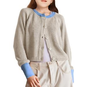 Girls Cardigan Sweater Kids Color Block School Uniforms Button Down Long Sleeve Knit Tops Tweens Winter Clothes (Beige)