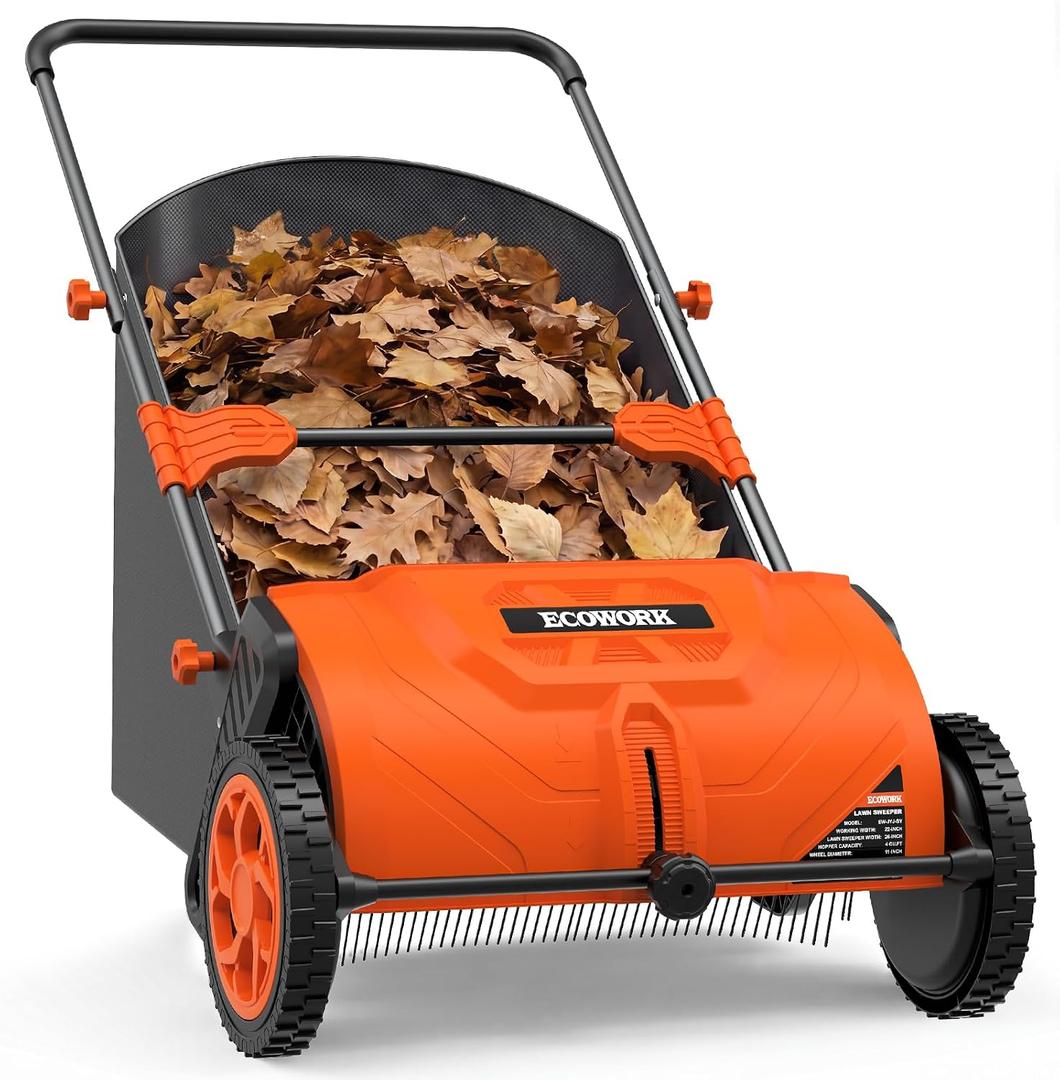 Push Lawn Sweeper 26 Inch with 4 cu. ft. Tear-Resistant Hopper Bag | Leaf Sweeper for Lawn is Equipped with a Tool-Free, Height-Adjustable 3 Brushs Cleaning System for Leaf Pine Needles Cleanup