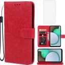 Case for Galaxy A03S Case, Samsung A03S SM-A037U Wallet Case with Tempered Glass Screen Protector, Lace Flower PU Leather Flip Credit Card Holder Phone Cover for Samsung Galaxy A03S Red