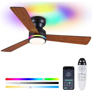 Asyko Ceiling Fans with Lights, 46 Inch Low Profile Ceiling Fan with Light and Remote Control,Reversible, RGB,Dimmable, Quiet, Brown Ceiling Fan for Bedroom Indoor/Outdoor Use