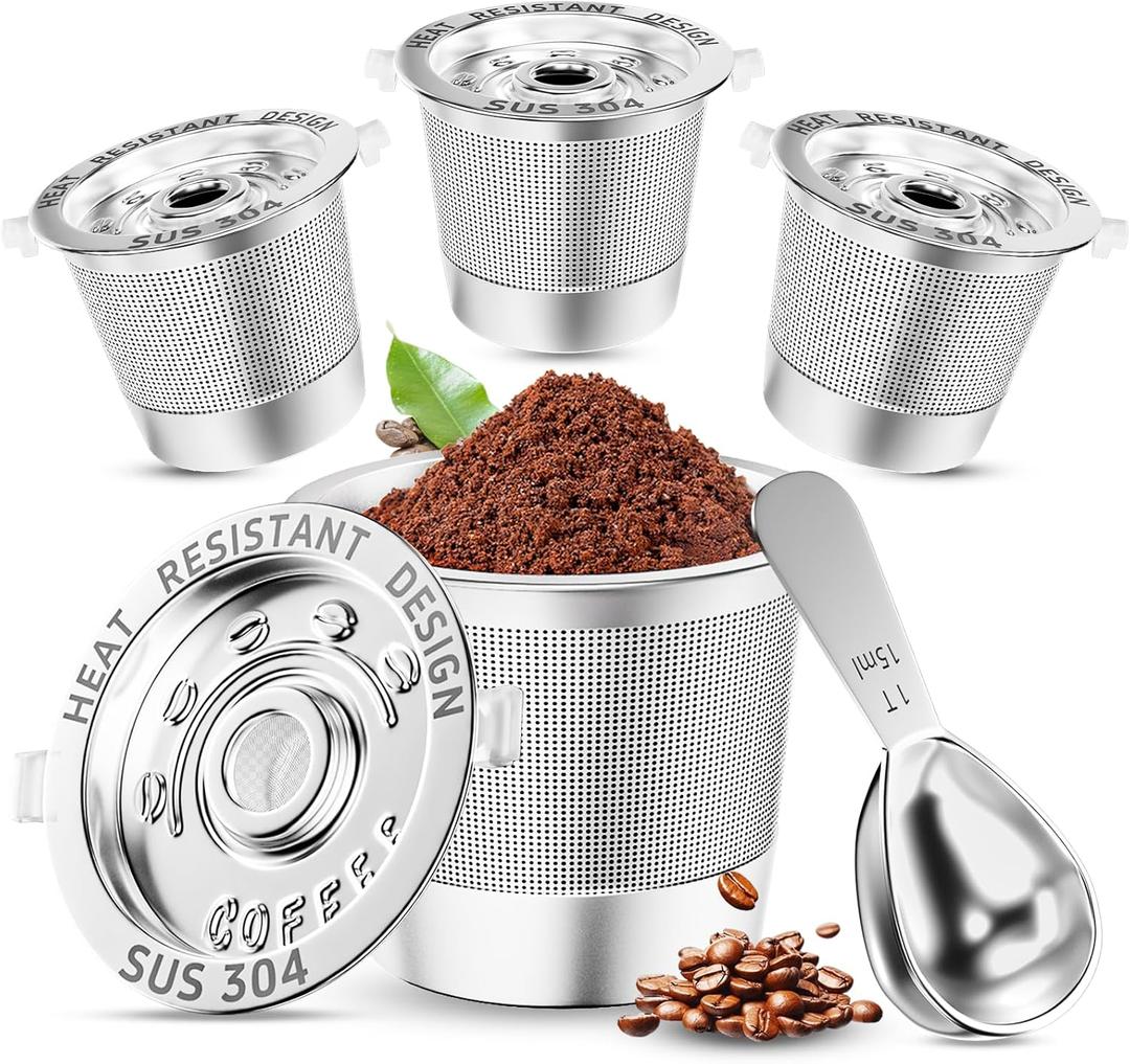 4 Pack Reusable K Cups Coffee Pods: Stainless Steel Refillable K Cups - Reusable Coffee Filters for Coffee Machine, SUS 304‌, BPA-Free, Heat Resistant Handles, Scoop