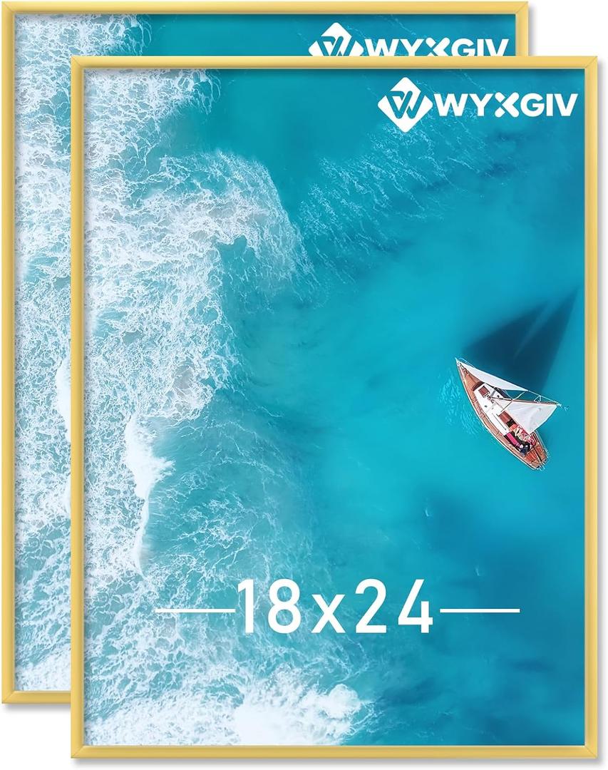 18x24 Picture Frame Set of 2, Scratch-Proof Gold Frame Lightweight yet Sturdy Display Poster Artwork 18 x 24 Horizontally/Vertically - Slide-In Strips|2 Packs|Gold|18"x24"
