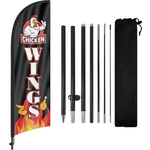 Chicken Wings Advertising Feather Flags Banner, Chicken Wings Swooper Flags with Poles and Ground Stake, 8FT Advertising Feather Flags Sign for Chicken Wings Business