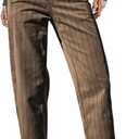 Flamingals Straight Leg Mid Waist Vintage Cropped Stripe Barrel Stretchy Jeans Without Belt (X-Large, Khaki)