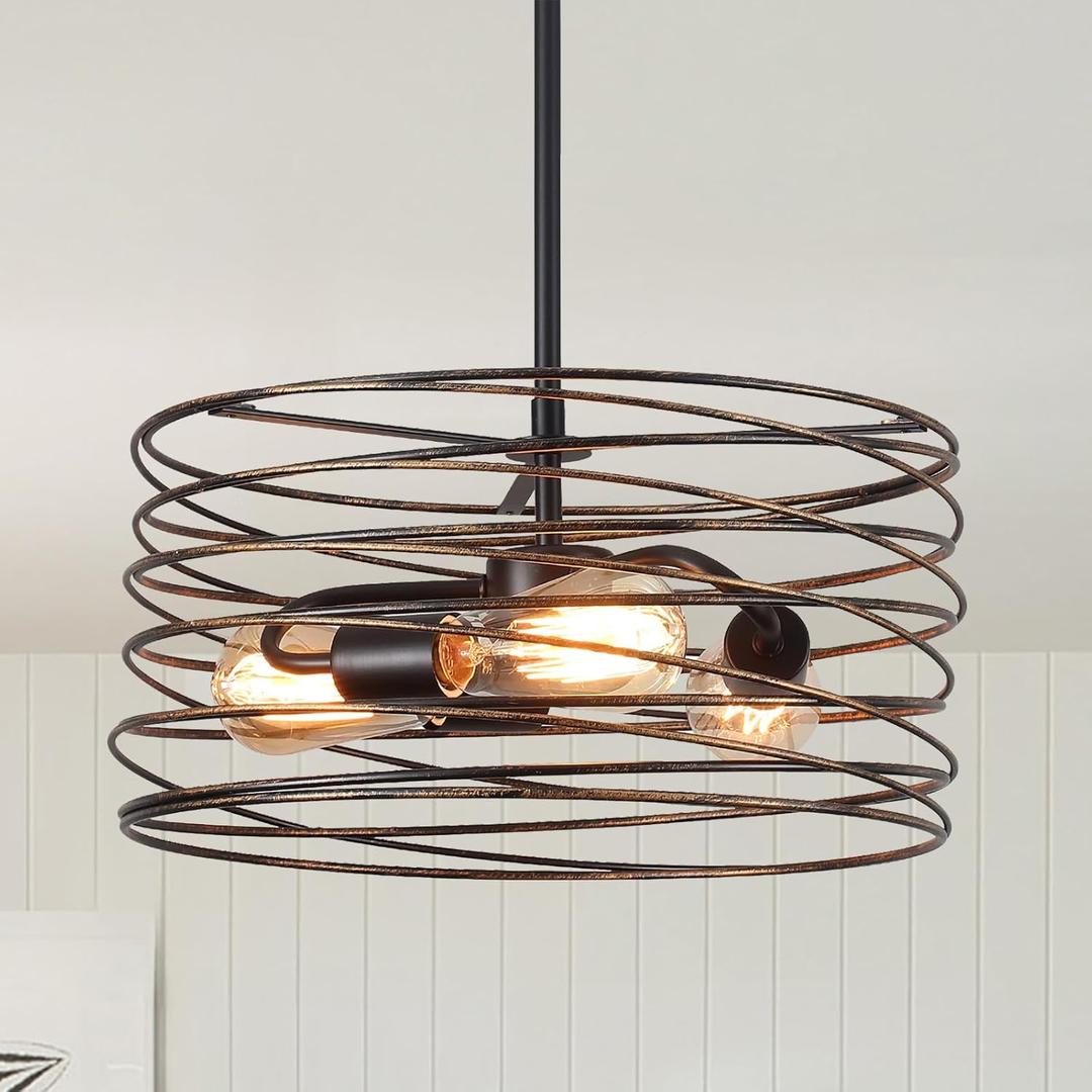 15'' Farmhouse Chandeliers for Dining Room, Bronze and Black Chandelier 3-Light Industrial Metal Hanging Light Fixture, Adjustable Rustic Drum Pendant Light for Entryway Kitchen Foyer Bedroom
