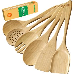 Riveira Brown Bamboo Wooden Cooking Utensils Set of 6 Natural Bamboo Wooden Spoons, Spatula, Non-Toxic, Heat-Resistant, Eco-Friendly