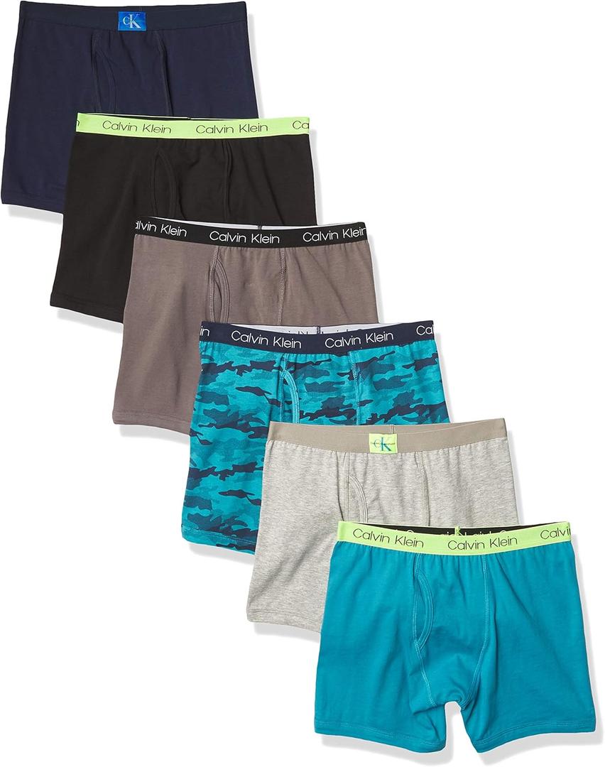 Calvin Klein Boys' Underwear Cotton Boxer Brief, 6 Pack (Large, Castlerock Grey/Moon Blue/Black Iris/Camo/Heather Grey/Black)