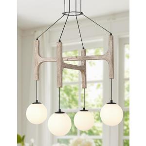 Farmhouse Antique White Wood Chandelier, 4-Lights Rustic Dining Room Light Fixture Kitchen Island Lighting, Vintage Milk Glass Globe Pendant Chandelier Hanging for Living Room Entryway