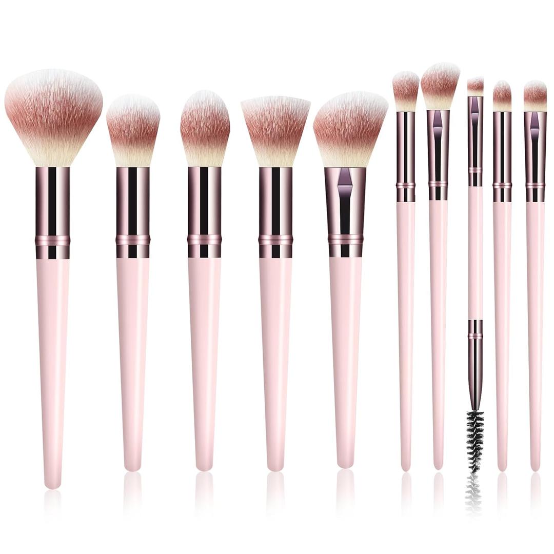 Makeup Brush Set, Premium Synthetic 10 PCS Makeup Brushes, Travel Makeup Brush Set with Soft Hairs, Makeup Brushes Set Professional for Blush, Eyeliner, Eyeshadow, Concealer, and Foundation (Pink)