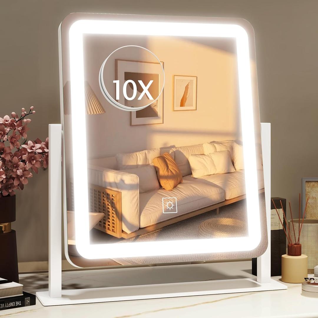 HNV Vanity Mirror with Lights  15"x13" Large Makeup Mirror with Light, 3-Color Dimmable LED, Touch Screen, 360 Rotation, Tabletop Vanity Mirror for Bedroom or Desk (White)
