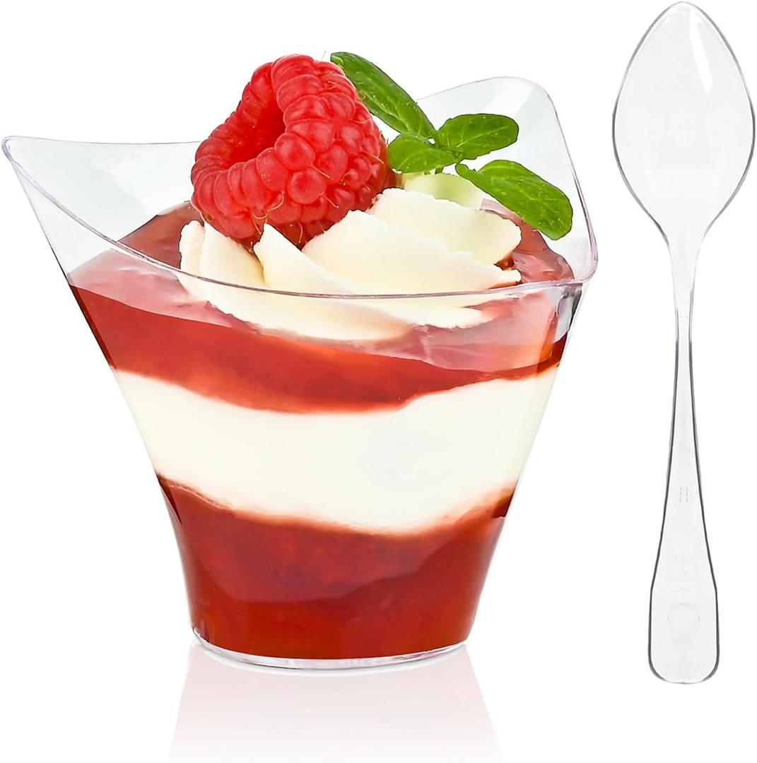 TOFLEN 50 Pack 4 oz Plastic Dessert Cups with Spoons, Irregular Triangular Mini Dessert Bowls for Party Trifle, Yogurt Parfait, Pudding, Appetizers, Mini Dessert Shot Glasses for Tasting