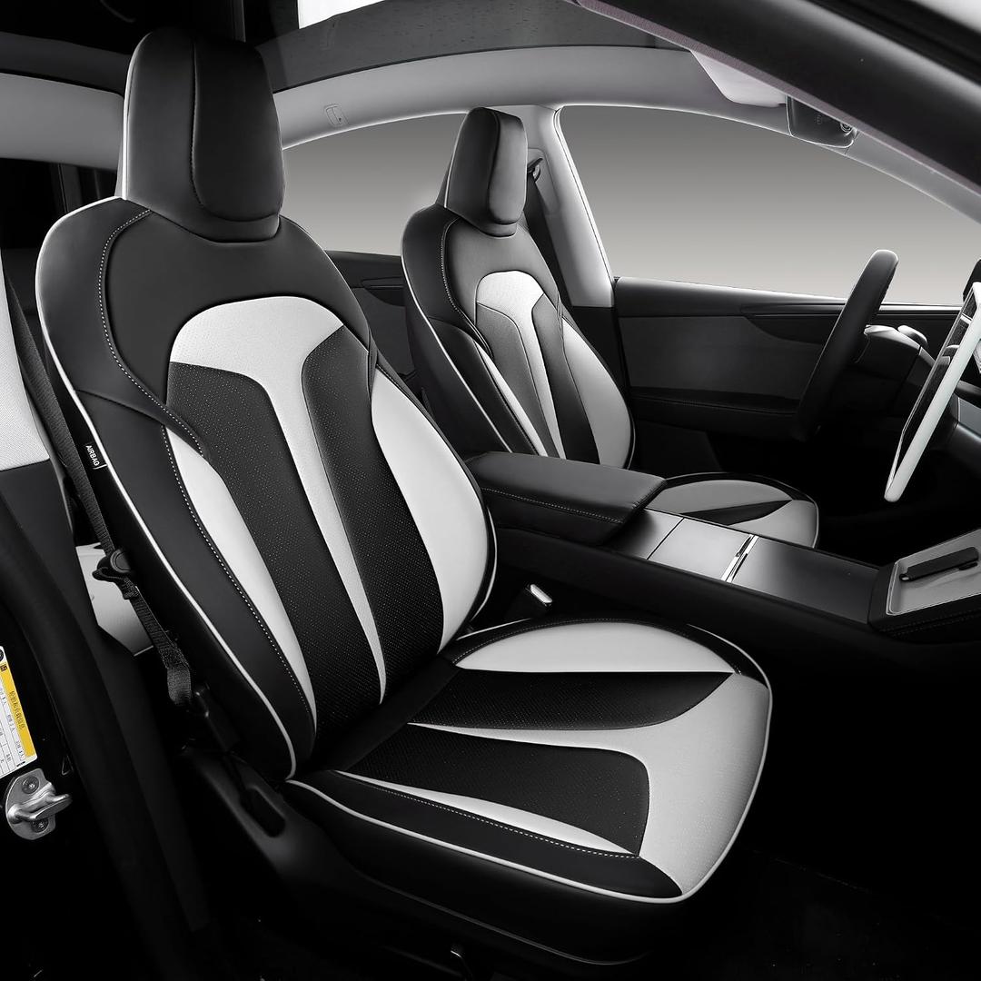 Custom Fit Seat Covers for 2025 2026 Tesla Model Y Juniper (5-Seater), Waterproof Breathable Nappa Leather, OEM Style Full Set Protectors, Airbag Compatible - Black+White