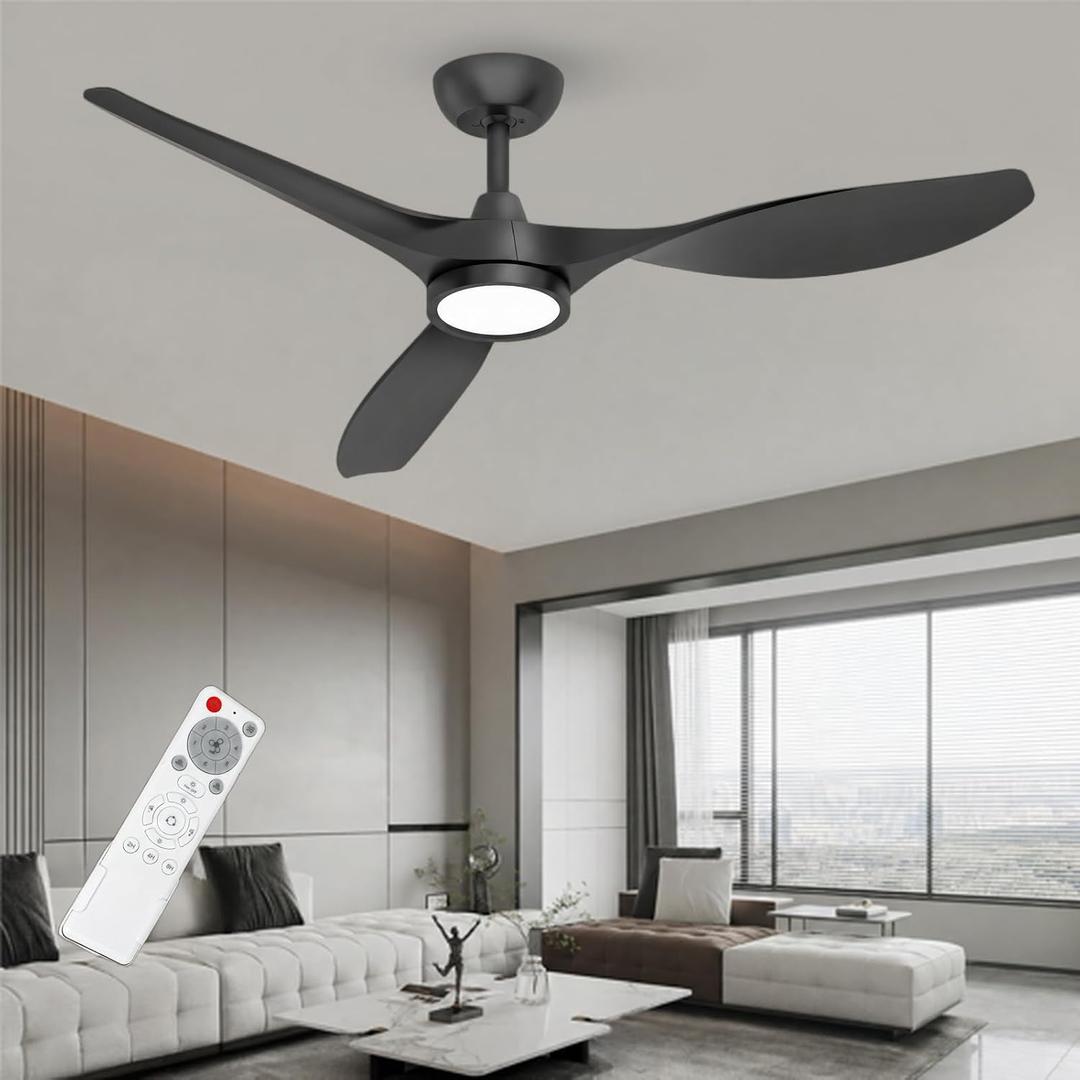 Roomratv Ceiling Fans with Lights and Remote Control,Quiet Noiseless Reversible DC Motor,6 Speeds,Timers, 3 CCT, Indoor Use, Plastic Blades,52 Inch Black Modern Ceiling Fan for Bedroom Living Room