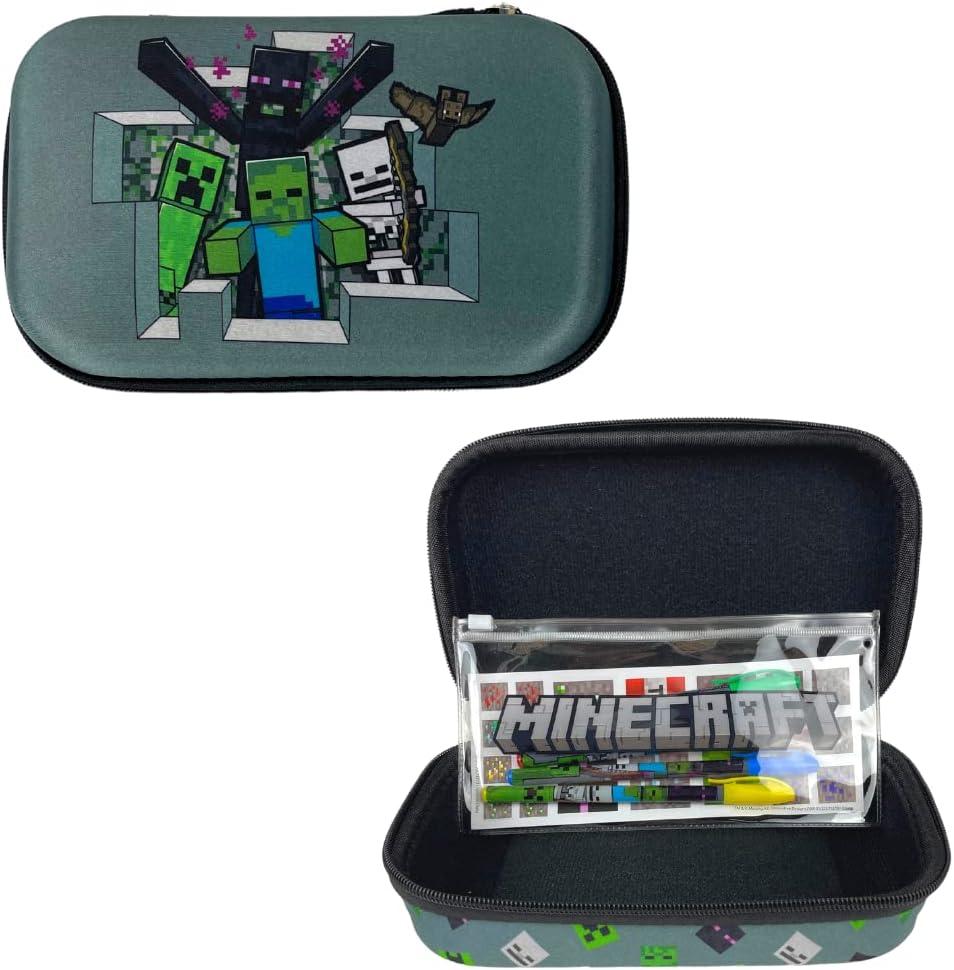 Innovative Designs Minecraft Pencil Case Set with Stickers and Gel Pens for Kids, Molded with Zip Closure