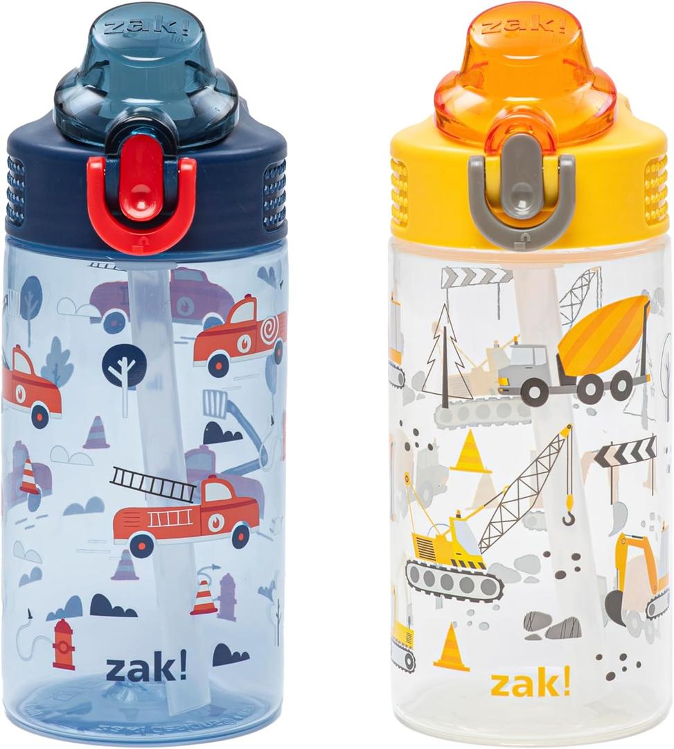 Zak Designs Sage Kids Water Bottle For School or Travel, 16oz Durable Plastic Water Bottle With Straw, Handle, and Leak-Proof, Pop-Up Spout Cover, 2-Pack Set (Construction and Rescue)