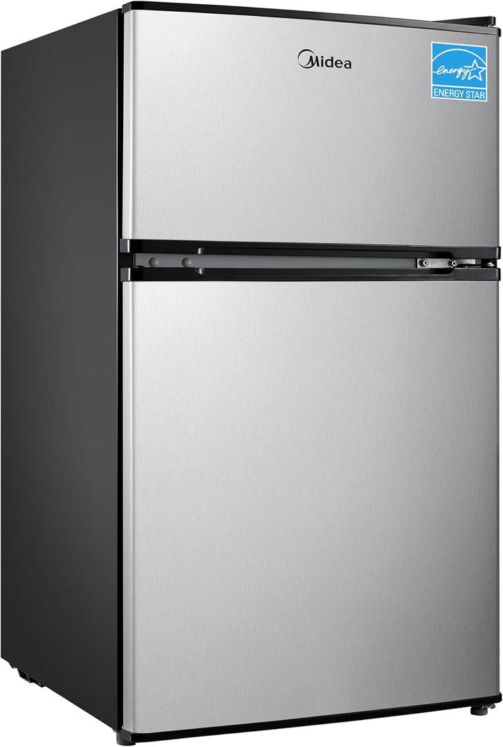 Midea WHD-113FSS1 Double Door Mini Fridge with Freezer for Bedroom Office or Dorm with Adjustable Remove Glass Shelves Compact Refrigerator, 3.1 cu ft, Stainless Steel