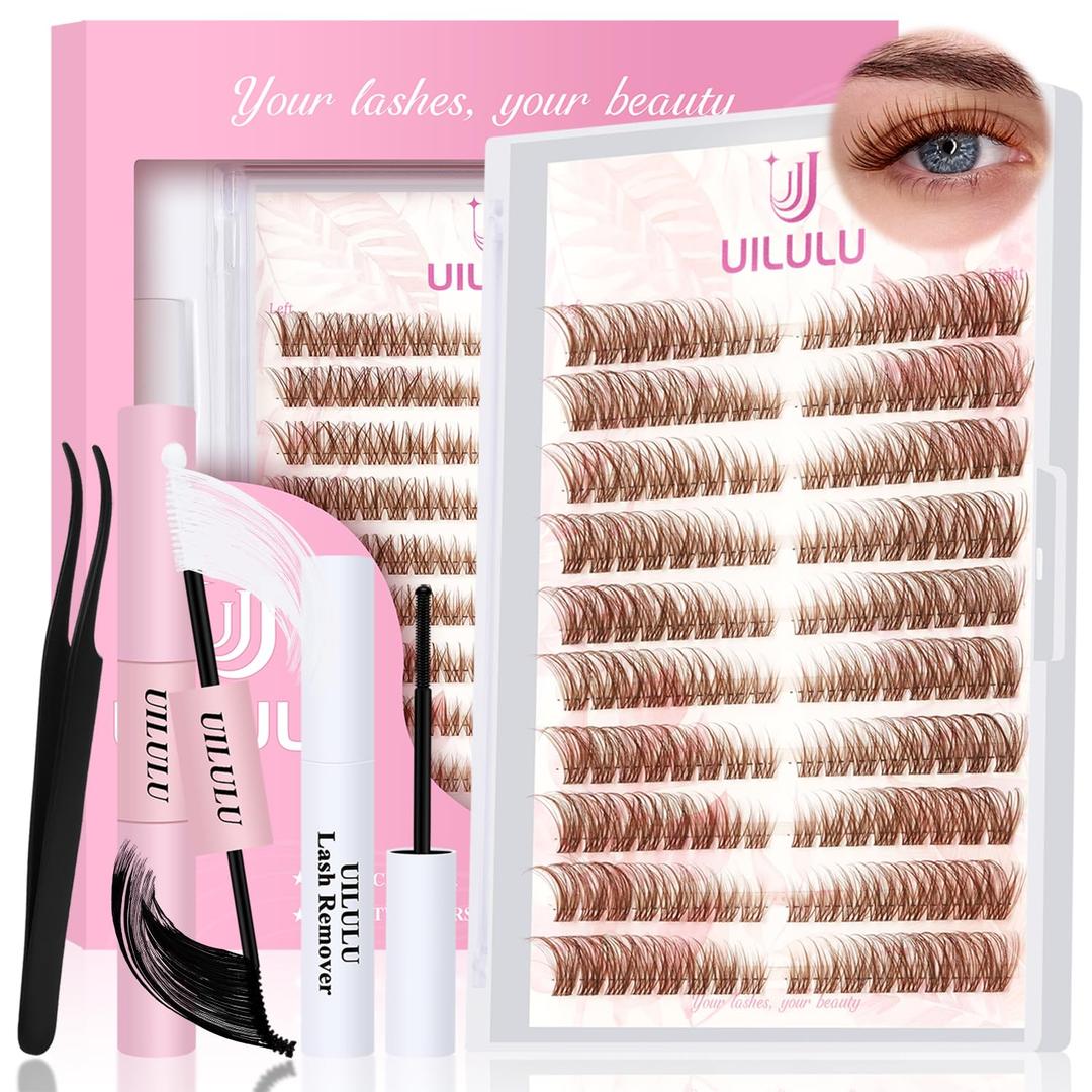 Brown Lash Clusters Kit Natural Lashes Extensions Wispy Eyelash Cluster 160pcs D Curl Left&Right with Bond & Seal, Glue Remover, Tweezers(U16)